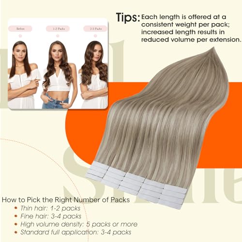 Image of Full Shine Tape ins Human Hair Extensions Color 18 Ash Blonde Highlight 613 Blonde Tape in Hair Extensions 24Inch Invisible Remy Skin Weft Add Length 40Pcs 100Gram Soft Silky