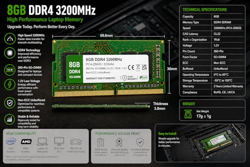 Image of 8GB DDR4 3200MHz OEM Laptop RAM Compatible with Samsung [Key Specs: PC4-25600 /3200AA | 260-Pin SO-DIMM | CL22 | 1Rx8 | 1.2V | Non-ECC] | 3 Years Seller Warranty