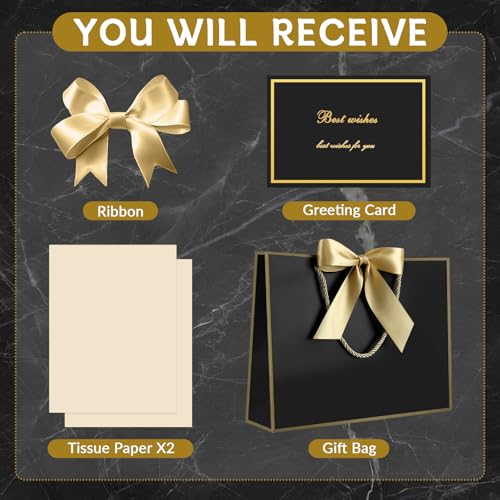 Image of JMANNI Gift Bags with Handles, 13 inch Medium Gift Bag for Presents, 1 Pcs Bags with 2 Tissue Paper and 1 Cards for Graduation Baby Shower Wedding Fathers Day Mother's Day Birthday Party (Golden-Black)