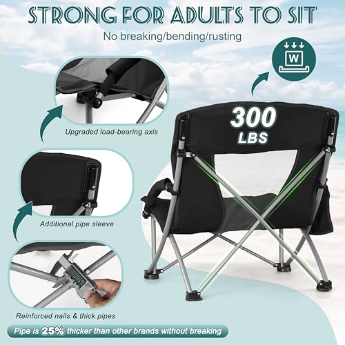 Image of HaSteeL Low Beach Chairs for Adults, Lightweight Camping Folding Chair with Carrying Bag, Portable for Outdoors Lawn Backyard Patio RV Trip Fishing Sport Tailgating, Support 300LBS, Black, 2 Pack