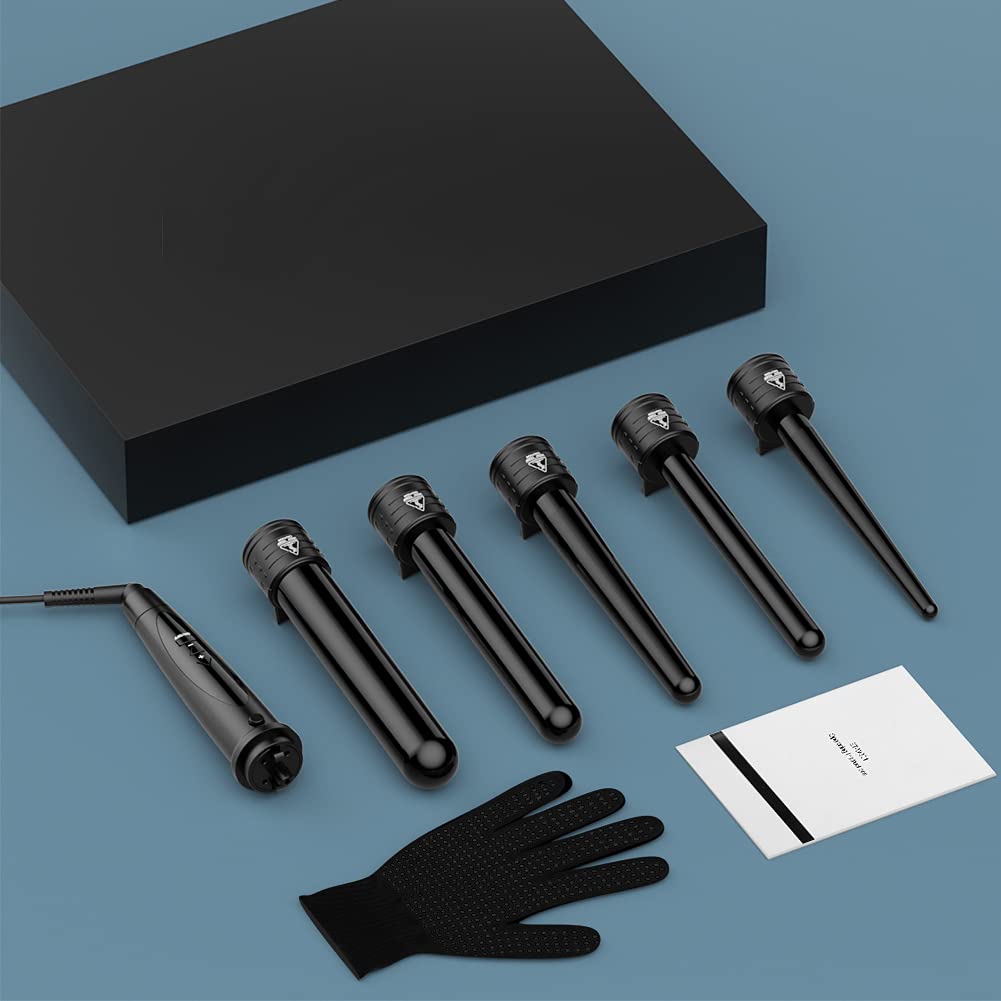 ELEHOT-Store Fer à Boucler Boucleur Céramique Fer à Friser 5 en 1 avec LCD Écran Multifonction Interchangeable boucleur a cheveux avec Gant ET-W301