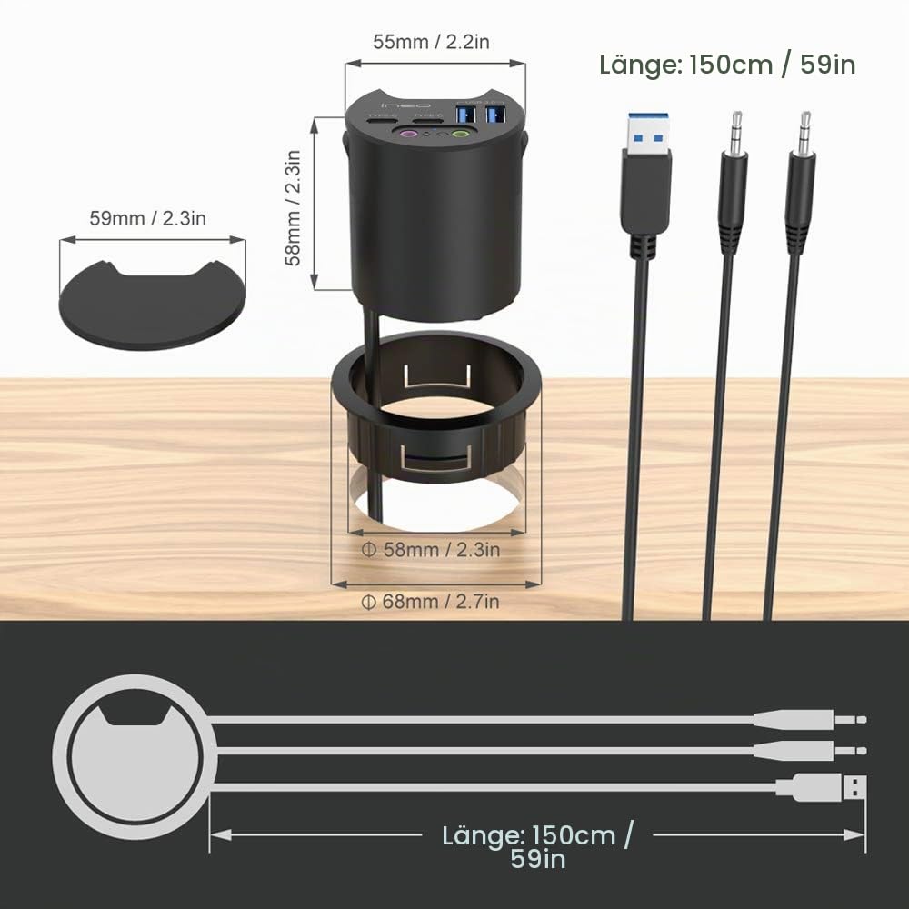 USB 3.0 HUB | ineo | 4 Ports | 2X USB-C | 2X USB-A | Audio I/O | Einbau in 60mm Schreibtischloch | Kabellänge 150cm | Staubschutzabdeckung | Einbauring 80mm | THC06VI