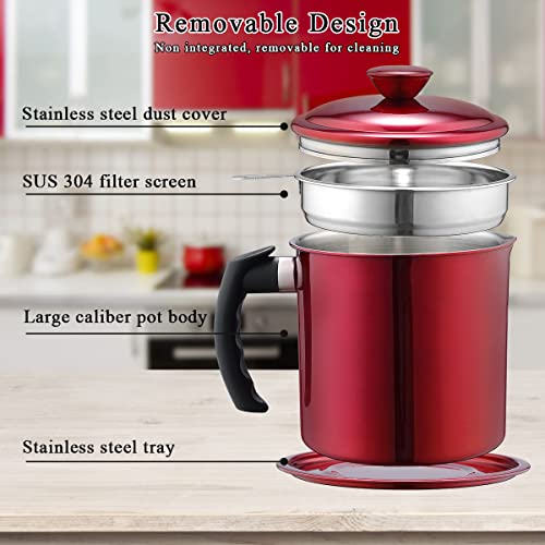 Image of Kyraton Bacon Grease Container With Strainer,48 Oz Metal Shining Red Stainless Steel Oil Container,Pot Fat Storage With Lid,Easy Grip Handle Suitable For Storing Frying Oil & Cooking Grease,40x17x7 cm
