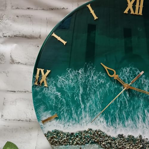 Image of Handmade Resin Wall Clock with Roman Numerals - Luxury Marble Effect Designer Wall Clock with Gold Finish, Silent Quartz Movement, Modern Home & Office Decor (Sea Green)