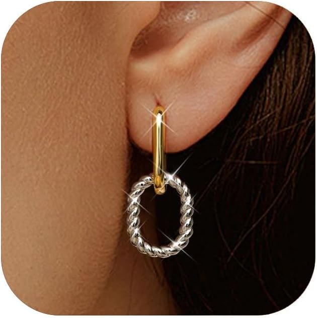 18K Gold Plated Two Tone Gold Silver Hoop Earrings for Women Hypoallergenic - 925 Sterling Silver Drop Dangle Paperclip Huggie Hoop Earrings - Chain Link Dangle Earrings Jewelry