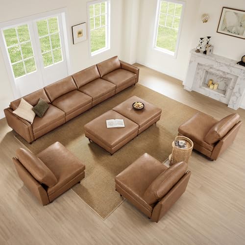 Image of CHITA 118 inch Super Large Sectional Modular Sofa, 5 Seat, Faux Leather, Camel
