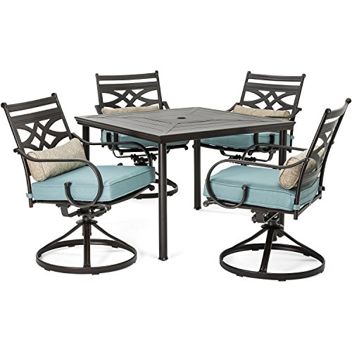 Hanover Montclair 5-Piece Outdoor Dining Set with Stamped Steel Square Dining Table and 4 Swivel Rocker Chairs with Cushions, Weather-Resistant Patio Dining Set for 4, Patio, Backyard, Deck
