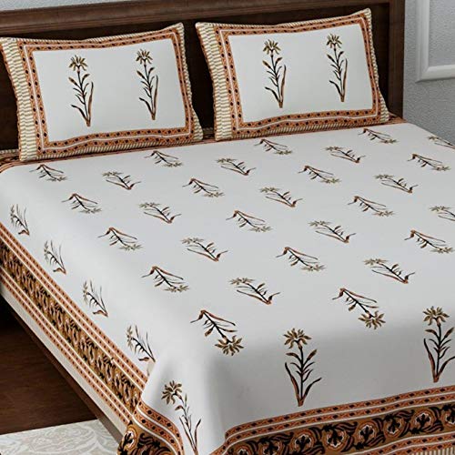 Image of LIVING ROOTS Jaipuri Hand Block Print King Cotton Bedsheet 86 * 104 inches (7 * 8.5 feet) with 2 Pillow Cover | 210 TC | Rich Fast Colour with No Colour Bleeding | (040-C)