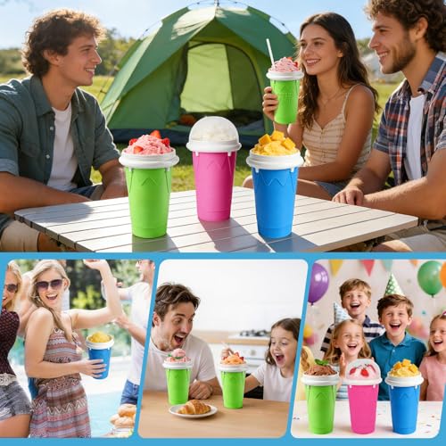 Image of FANS-ONE 500ML Slushie Cup, 2 Pack DIY Magic Slushy Maker Cup, Cool Stuff Things Gadgets for Juices Milk Ice Cream Make, Quick Frozen Slushy Cups with Lids & Straw for Teens Kids Family, Blue+Green