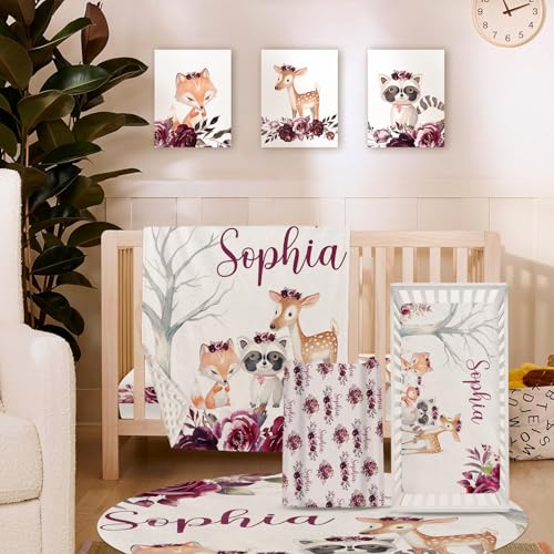 YISMEET TOOTANN Custom Baby Crib Bedding Set, 5 Pcs Personalized Name Baby Crib Sheets for Kid Toddler Infant, Raccoons and Deer Nursery Bedding Set