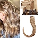 Silk-co Echthaar Clip In Extensions 8 Tressen 18 Clips 50g, Blonde Highlighted Hair Extensions, Remy Echthaar Clip In Extensions Haarverlängerung 18P613# Graublond und Bleichblond 25cm