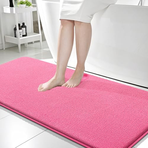 Image of OLANLY Thick Memory Foam Bathroom Runner Rugs 59x24, Extra Soft Absorbent Long Bath Rug, Quick Dry, Non-Slip, Machine Washable Bath Mats for Bathroom, Tub and Shower, Home Decor Accessories, Hot Pink
