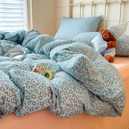 Image of VM VOUGEMARKET Leopard Duvet Cover Set Queen,Light Blue Pink,Muslin Cotton