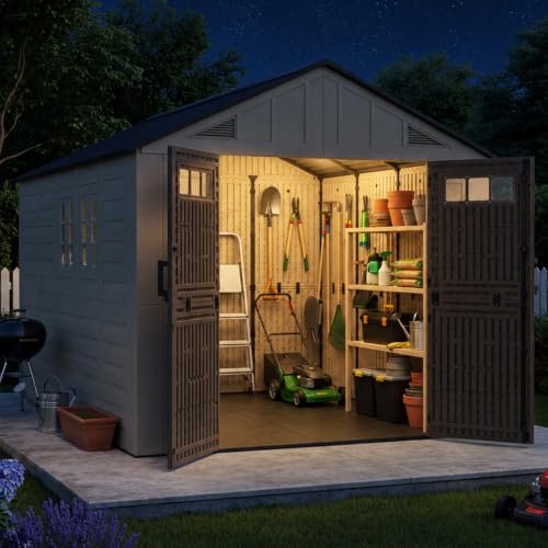 Image of Aoxun 8x12 Ft Outdoor Storage Shed with Lighe & Floor, Large Resin Outdoor Shed with Lockable Door & Windows, Garden HDPE Sheds for Lawn Tools, Pool Supplies & Bikes
