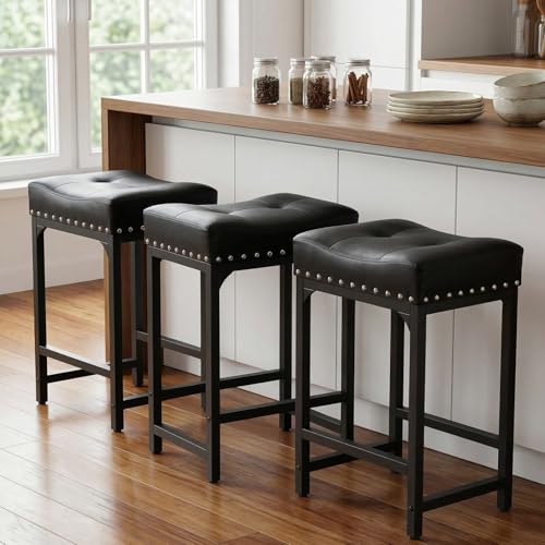 Image of Bar Stools Set of 3, Counter Height Bar Stools for Kitchen Island, 24 Inch Black Saddle Backless Barstools, Counter Height Stools with Thick Saddle Seats & Metal Base, Black