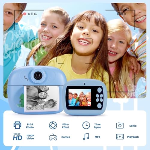 Image of Kids Instant Print Camera - Mini Digital HD Photo & Video Camcorder with Games | Fun Learning Toy for Boys & Girls Ages 4-18 | Includes 2 Print Rolls - Ideal Gift for Kids (Blue)