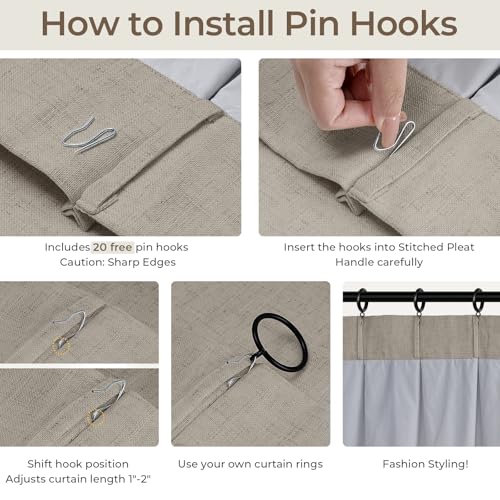 Pinch Pleated Blackout Curtains 120 Inch Long, Linen Blend, 100% Blackout Drapes with 20 Hooks, Ideal for Bedroom and Living Room, 40" W x 120" L (Pack of 2), Simple Taupe