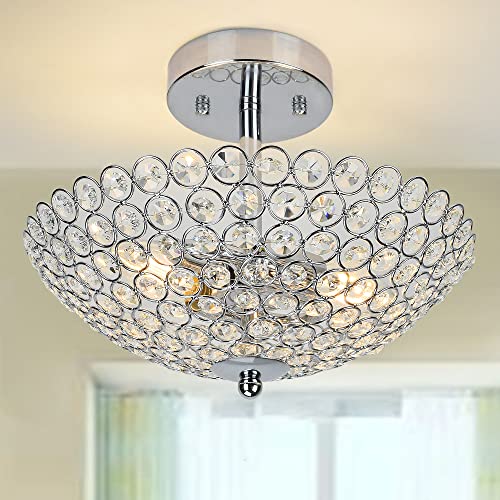 DLLT Modern Crystal Ceiling Light, 2-Light Crystal Chandelier Lighting Fixture, Semi Flush Mount for Bedroom, Entryway, Foyer, Hallway, Closet Room, Chrome Finish E12 Base(Bulb Not Included)