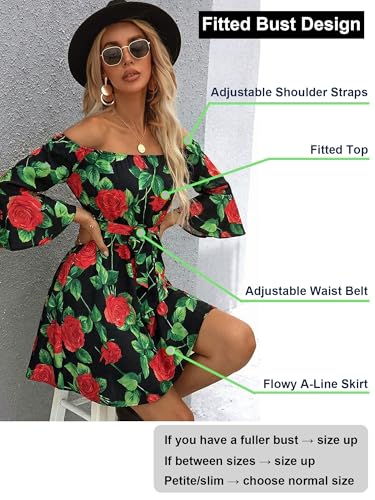 Image of Off Shoulder Ruffle Dress for Women, A-Line Mini Dress with Belt, Fitted Bust Summer Wedding Guest Dress