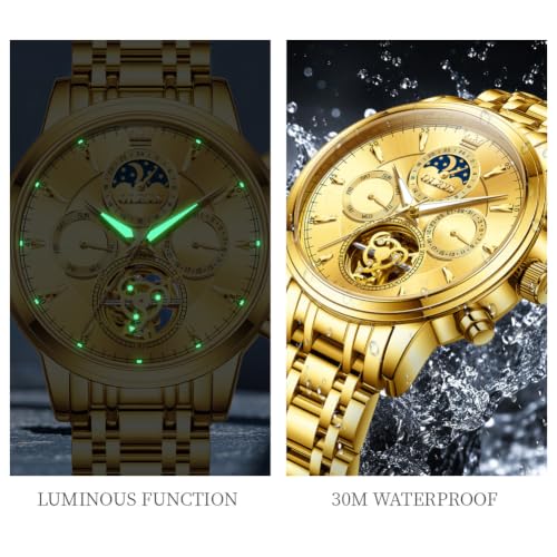 Image of OLEVS Men Automatic Skeleton Watch - Luxury Stainless Steel Calendar Moon Phase Mechanical Dress Wrist Watch with Luminous, Waterproof Self-Wind (Gold /Silver /Blue /Black)