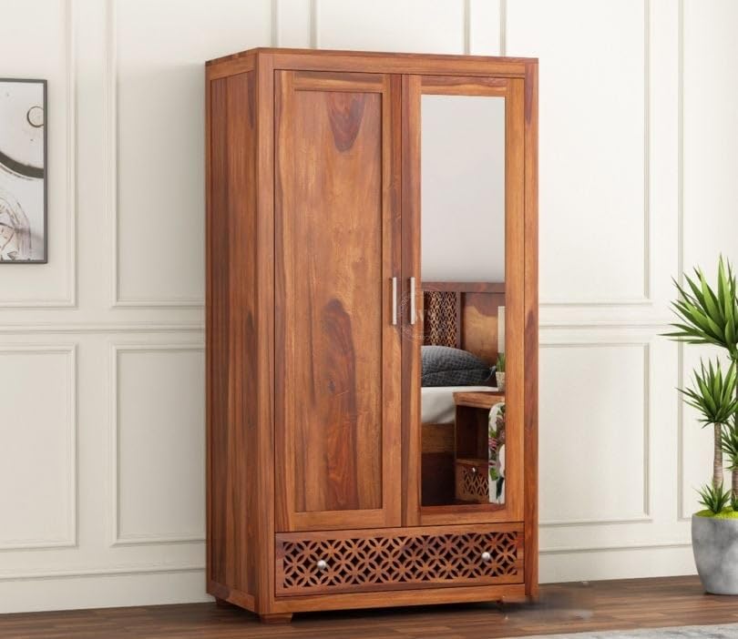 Image of Sheesham Wood Wardrobe with Mirror, 3 Drawer and 5 Shelves Storage for Bedroom Wooden Almirah for Clothes for Living Room Bedroom Home, Solid Wood Furniture (Brown Finish)