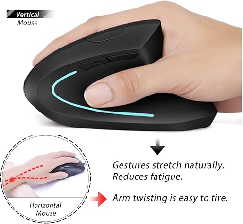 Miniatura 5 de Ratón vertical, para diestros 2.4 GHz, inalámbrico, ergonómico, recargable, vertical con 4 DPI ajustables 800120016002400, 6 botones, compatible con