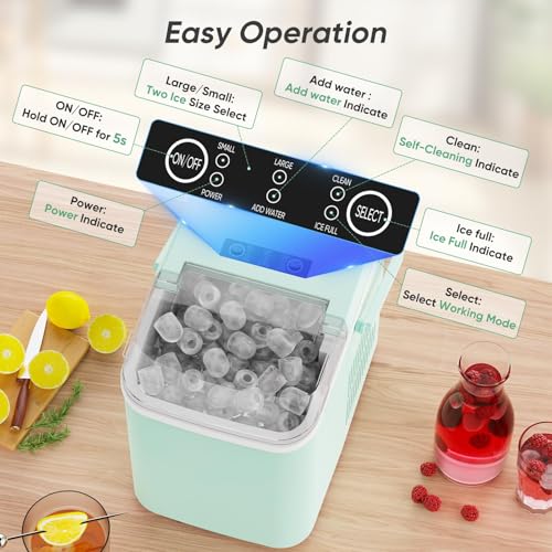 DUMOS Countertop Ice Maker with Handle, 26lbs/Day Portable Ice Machine, 9 Bullet Ice Cubes in 6 Mins, Self-Cleaning Quiet Ice Maker for Home, RV, Kitchen, Camping, Green