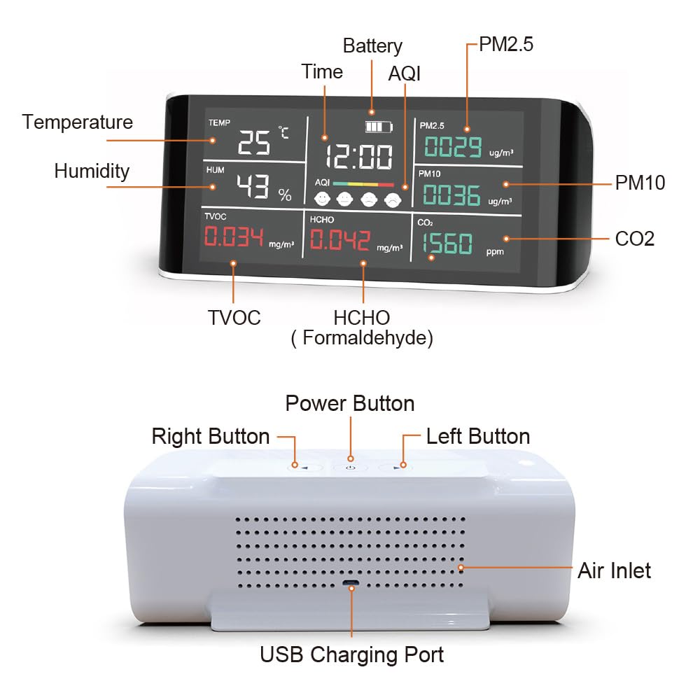 Detector de Calidad de CO2 con Pantalla LCD Grande, probador de Sensor de Gas PM2.5/10/HCHO, Temperatura