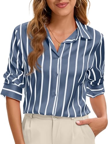 Image of Premium Soft Breathable Stretch Satin Silk Button Down Shirts for Women Long Sleeve Leopard Blouses Work Dress Tops