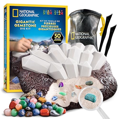 NATIONAL Geographic Riesiges Edelstein-Ausgrabungsset – 50 echte Edelsteine ausgraben, Geologie-Set für Kinder, inkl. Werkzeuge, Lernhilfe & Ausgrabungsblock