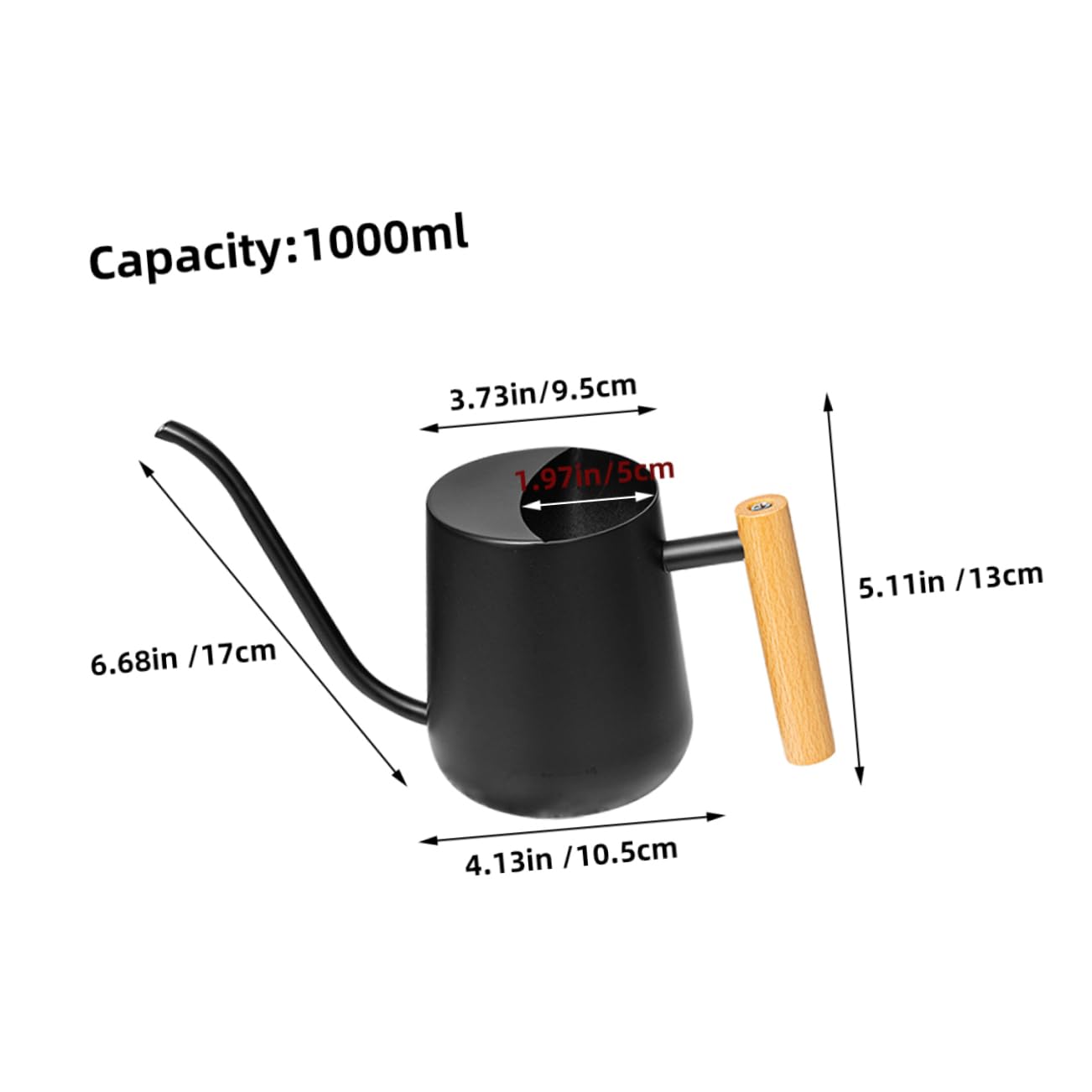 1000ml Annaffiatoio Manico in Legno in Acciaio Inox Nero