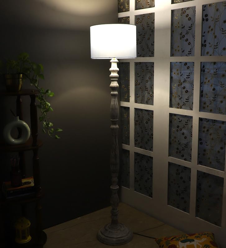 Image of tu casa Mango Wooden Floor Lamps with Sky Blue Shade for Home Decor, Bedrooms Corner, Living Room, Gifting, Diwali Decoration, Hall, Office, Study Room (Height: - 56 inch) - Bulb not Included