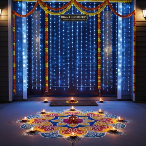 Image of MIRADH 180 LED 9.8 Feet Window Curtain String Light Wedding Party Home Garden Bedroom Outdoor Indoor Wall Decorations, (Blue Led Curtain 3M x 3M)