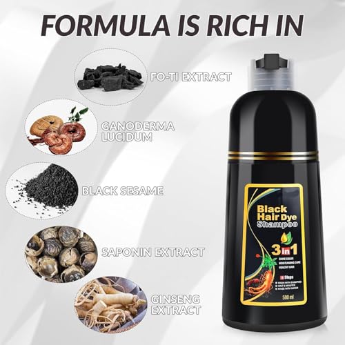 Image of Black Hair Dye Shampoo 3-in-1 for Men & Women - Instant Hair Color, Grey Coverage, Herbal Hair Color Shampoo with Fo-Ti, Ginseng & Black Sesame - Long Lasting Natural Hair Dye