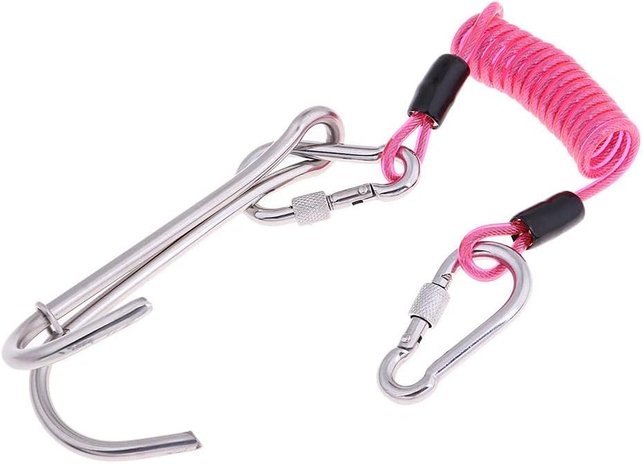 Heavy Duty Stainless Steel Scuba Diving Dual Hook & Coil Lanyard | Multi Purpose Carabiner Clip for Cave Dive and Underwater Photography - Pink
