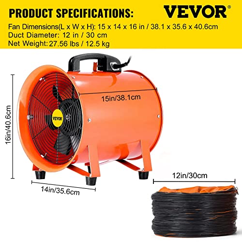 Vevor Utility Blower/Exhaust Axial Hose Fan, 12 Inches, 3900 M3/H High Velocity Portable Ventilator, Low Noise Extractor Fan Blower With 16 Ft / 5 M Duct Hose #TOP7