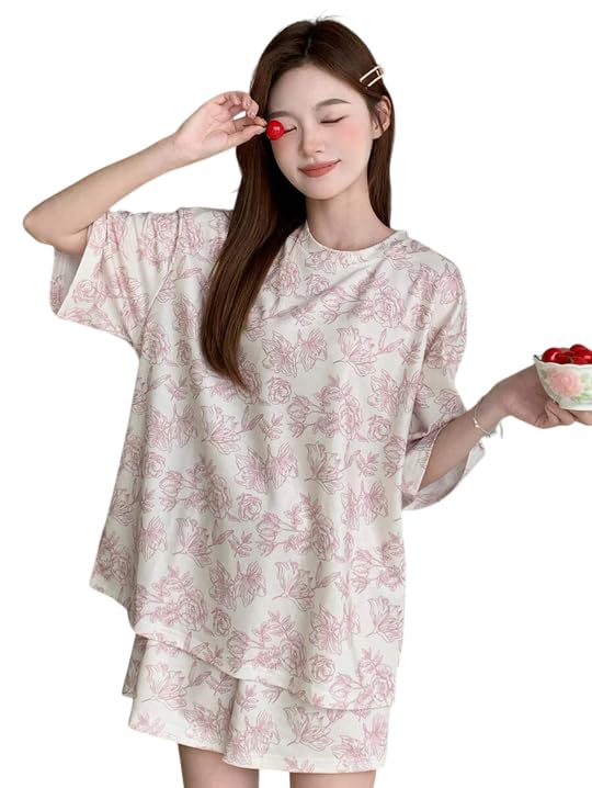 Image of Lunza Women's Cotton Blend Pajama Set, Short Sleeve T-Shirt and Shorts, Cute Bear Print Nightwear