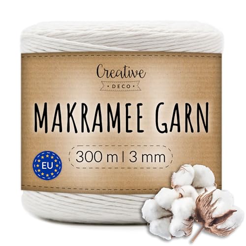 Creative Deco 300m Makramee Garn 3mm Weiß | 985 Fuß | 12-lagig Schnur | Baumwollgarn Baumwoll Kordel Große Rolle Naturliche Stark | Macrame Cord 3mm für Basteln, DIY, Handwerk & Boho Deko