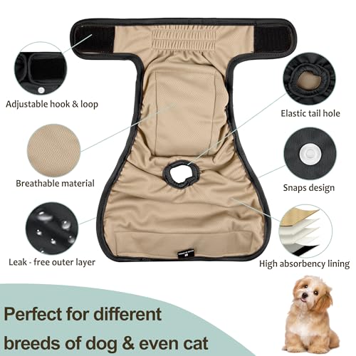 Image of Female Dog Diapers 5Pcs - Premium Reusable Diapers for Doggie in Heat - Highly Absorbent Dog Diapers Female for Pet Incontinence with Adjustable Snaps, Black, XL