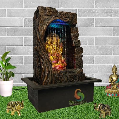 Image of DECORION Decorative Table Top Water Fountain for Home Decor /Office /Indoor & Outdoor /Garden /Puja Room /Vaastu with Multicolor LED Light and Adjustable Water Pump (Brown-D-031)