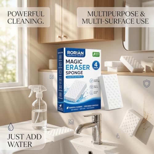 Image of RORIAN Magic Eraser Sponge, Textured Melamine Foam Cleaning Sponge, Non-Scratch Multi-Surface Cleaner for Wall, Sink, Bathroom /Kitchen Surfaces and Shoe Stain Removal (Pack of 4)