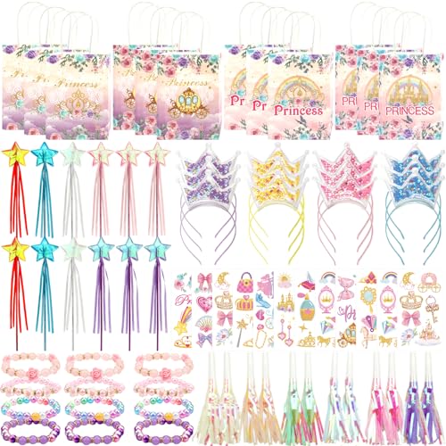 Memórias de festa de princesa, inclui 12 varinhas de fadas com purpurina, 12 coroas de princesa, 12 sacos de presente, 12 decalques, 12 sopros de festa, 12 pulseiras, presentes de festa