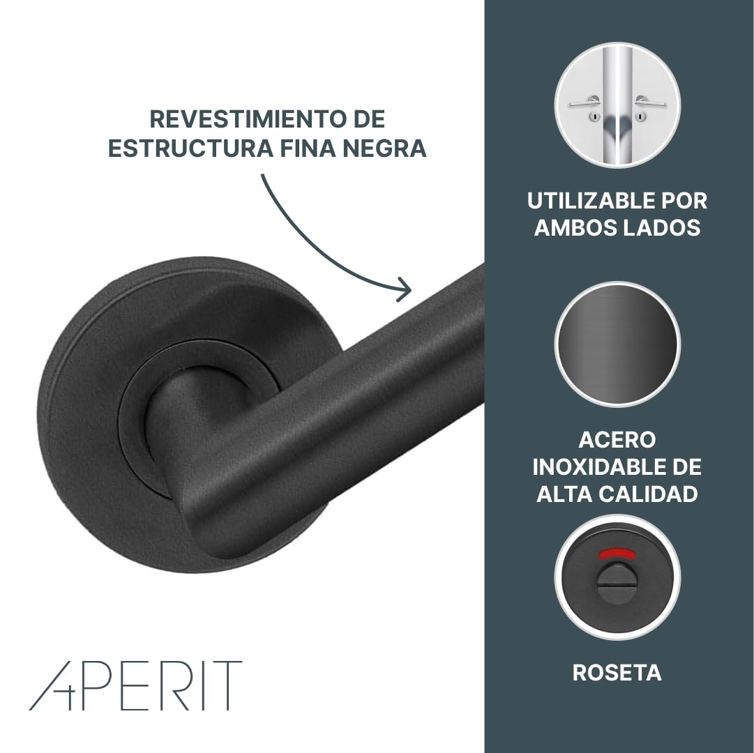 Manilla de Puerta Negra de Acero Inoxidable – Tirador Profesional en Forma de T – EN1906 Clase 3 – Juego de Manillas con Cerradura para Baño – Para Puertas Interiores