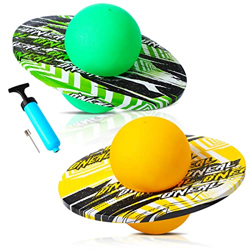 Junkin 2 Pcs Pogo Ball Trick Board Toy Balance Board Pogo Balance Bounce Ball with Pump and Strong Grip Deck for Fun Challenge Fidget Indoor,Outdoor Toys(Yellow, Green,Elegant Style)