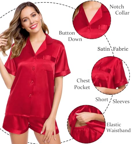 Image of LecGee Womens Silk Satin Pajamas Short Sleeve Loungewear Two-Piece Sleepwear Button-Down Pj Set