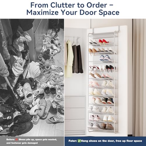 Image of Whitmor 36 Pair Over The Door Shoe Organizer, 12 Tier Hanging Shoe Organizer, Heavy Duty Metal & Mesh Shoe Holder, Hanging Shoe Rack for Closet Organizer & Storage, 74 inchH x 21.7 inchW x 7.5 inchD, Grey