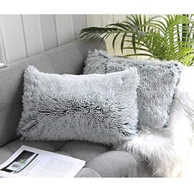 Uhomy 2 Packs Home Decorative Luxury Series Super Soft Faux Fur Rectangular Throw Pillow Cover Furry Cushion Case for Sofa or Bed Gray Ombre 12x20 Inch 30x50 cm