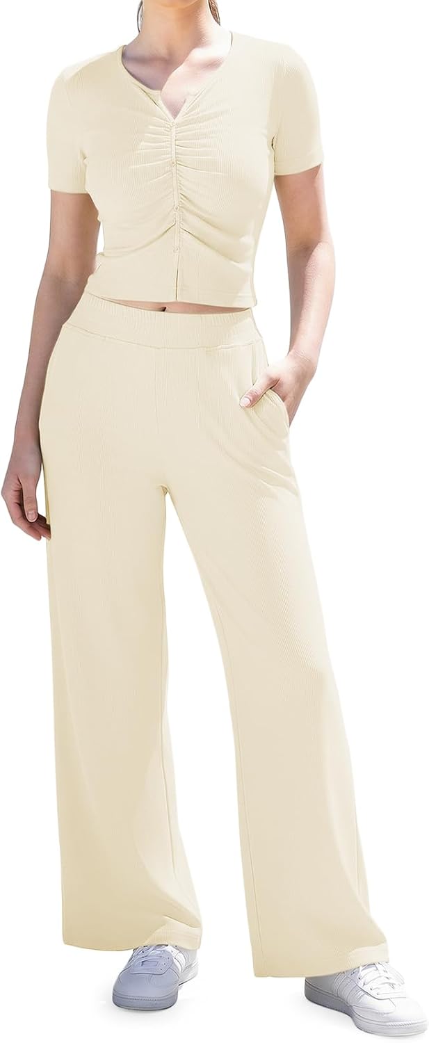 Women's 2 Piece Lounge Set Knit Button Ruched Short Sleeve Crop Top Wide Leg Pants with Pockets Casual Travel Outfits