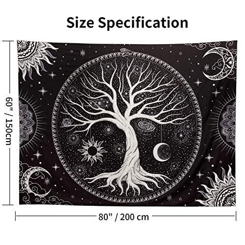 Image of Aesthetic Tree of Life Tapestry Black and White Wall Tapestry Hippie Sun Moon Star Galaxy Space Tapestries Forest Wall Hanging Decor Nature Home Decoration for Bedroom,Living Room,Dorm