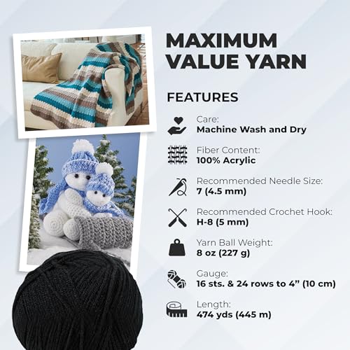 Image of Mary Maxim Maximum Value Acrylic Yarn for Crocheting and Knitting, Soft Worsted Weight Black Yarn 4, Ideal for Blankets, Sweaters, Hats, and Scarves, 8 oz Skein (474 Yds), Black - 1 Skein